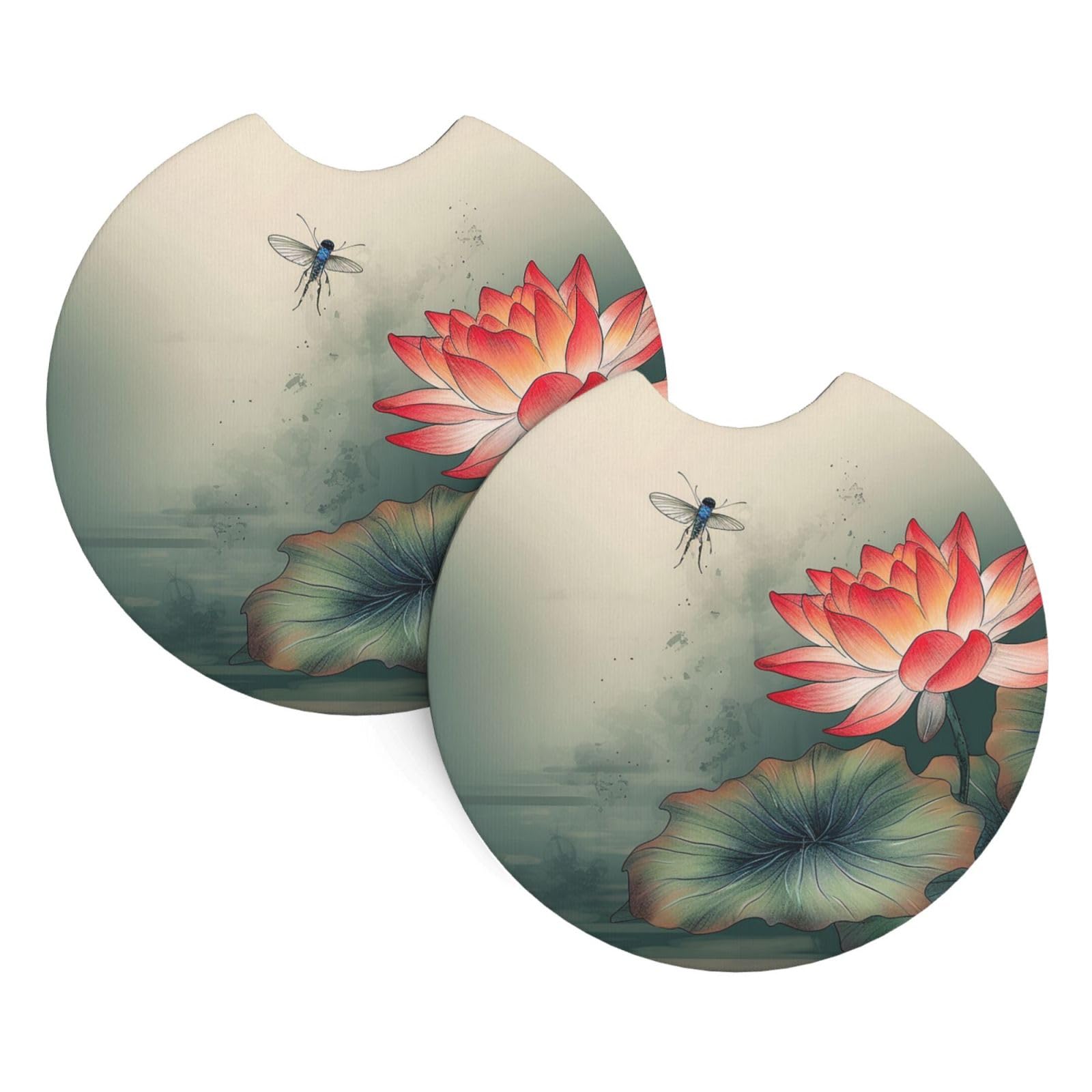 2 Pack Car Coaster for Cup Holders Lotus Flower and Dragonfly Car Cup Coaster 2.7" Neoprene Non-Slip Automotive Cup Mat Universal Auto Car Interior Accessories for Women Men Cup Pad