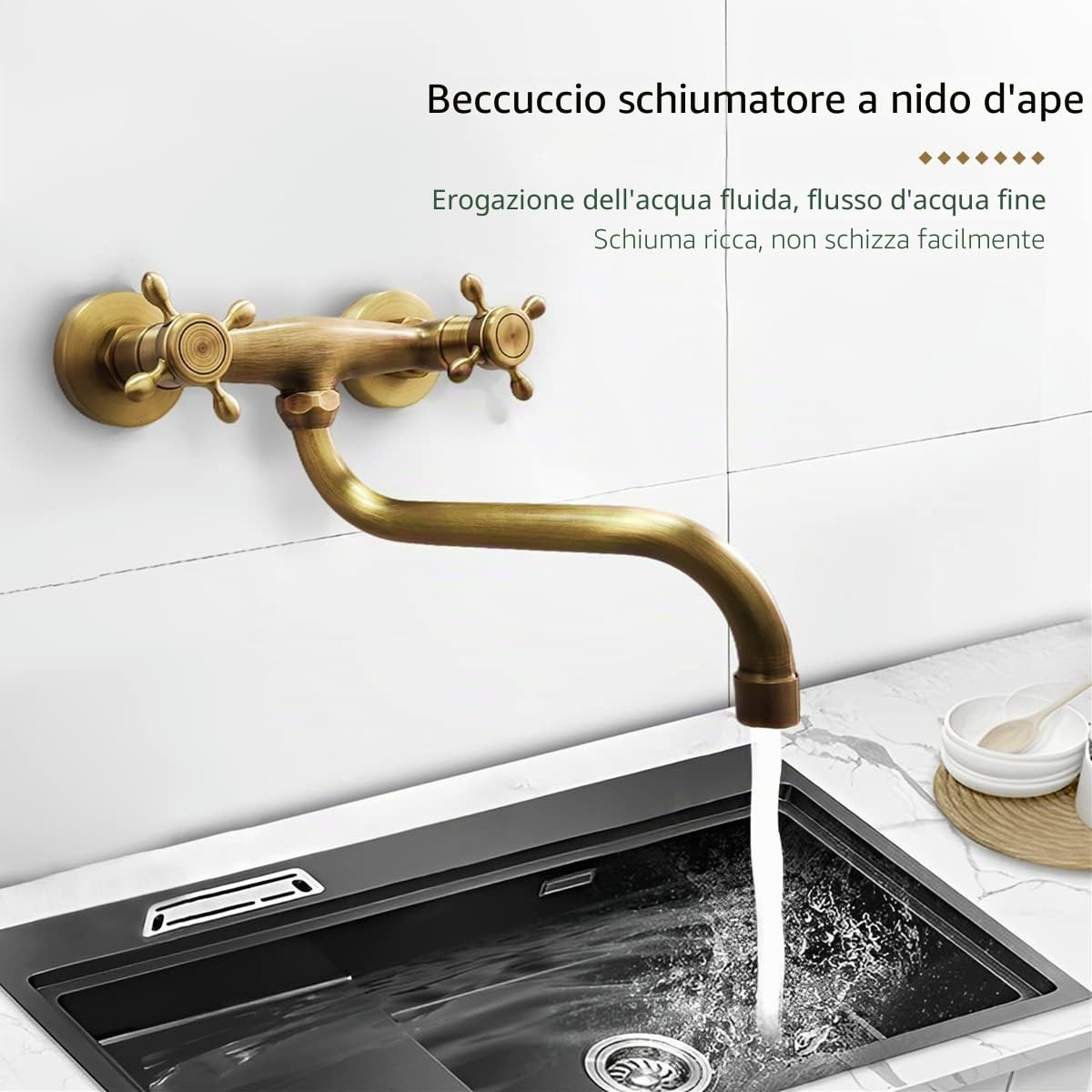 Rubinetto Lavello a Muro Ottone Anticato, Miscelatore Cucina a Parete Bronzo Retro, Girevole a 360° Rubinetto con Doppia Manopola Vintage per Cucina e Bagno
