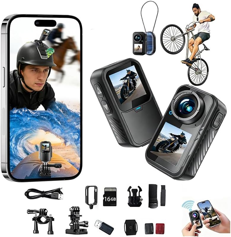 Motorcycle Camera with Stabilization & EIS, POV Chest Magnetic Action Camera with Dual Screen,1080P Wearable Thumb Camera,with Helmet Mount for Motorcycle/Bike Cycling Running Or Walking (16GB)