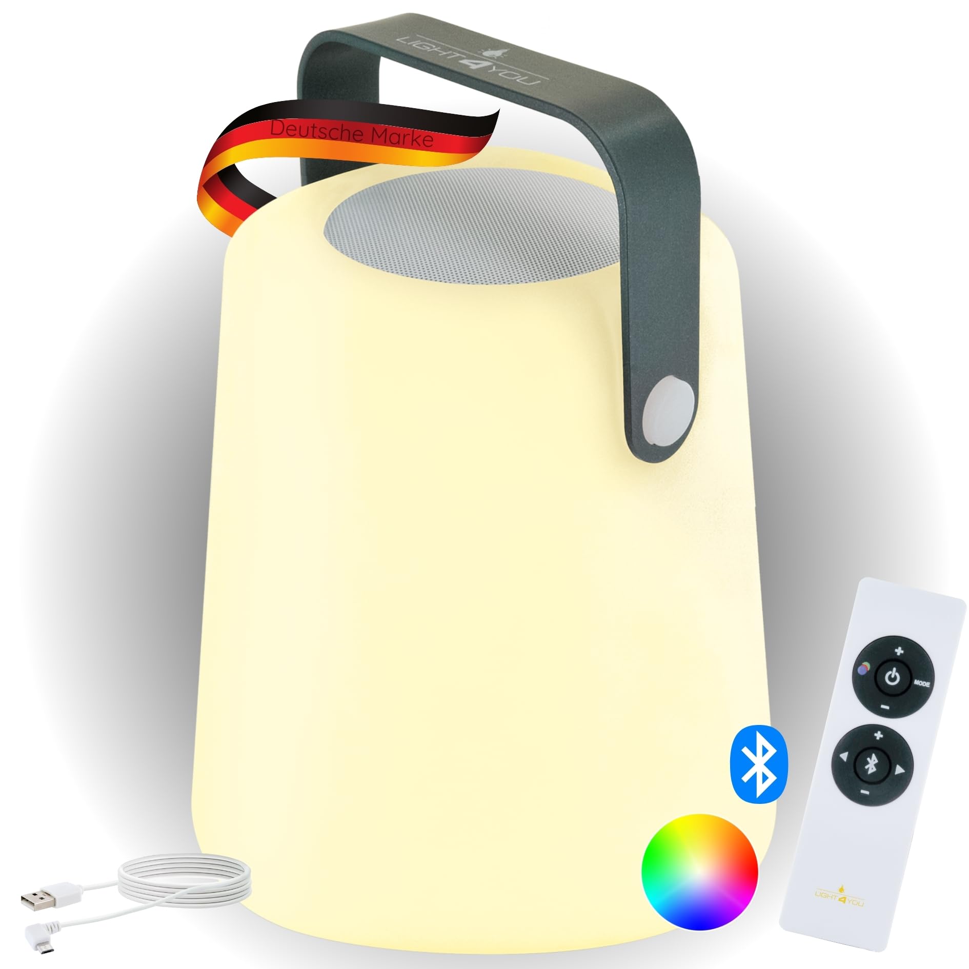 SCHWAIGER Altoparlante Bluetooth con luce da tavolo lampada da giardino lampada da esterno altoparlante portatile 10 W con batteria da 2000 mAh telecomando cavo di ricarica IP44 RGB LED