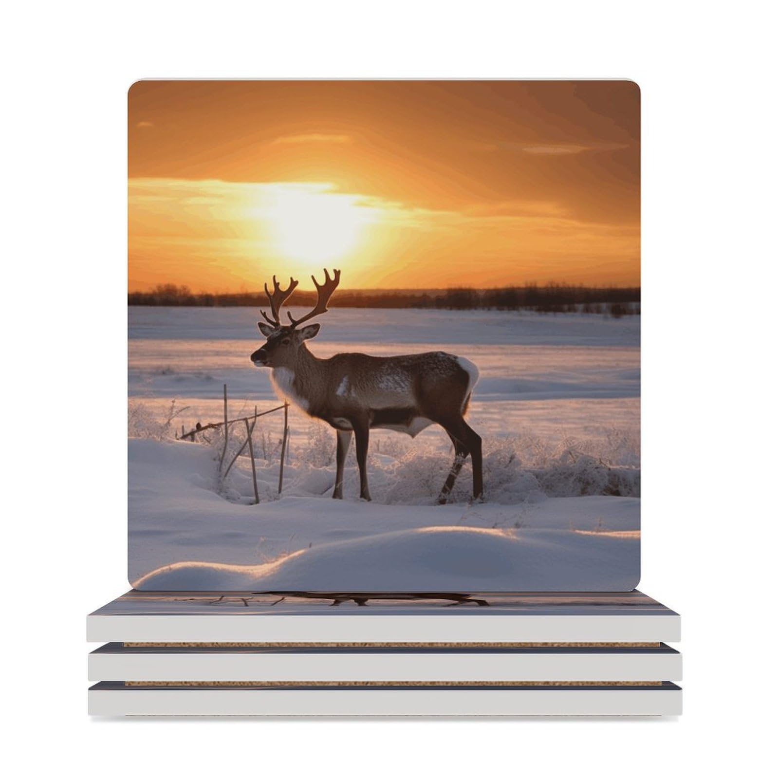 Dessous de verre pour table basse protège table motif cerf et paysage enneigé d'hiver