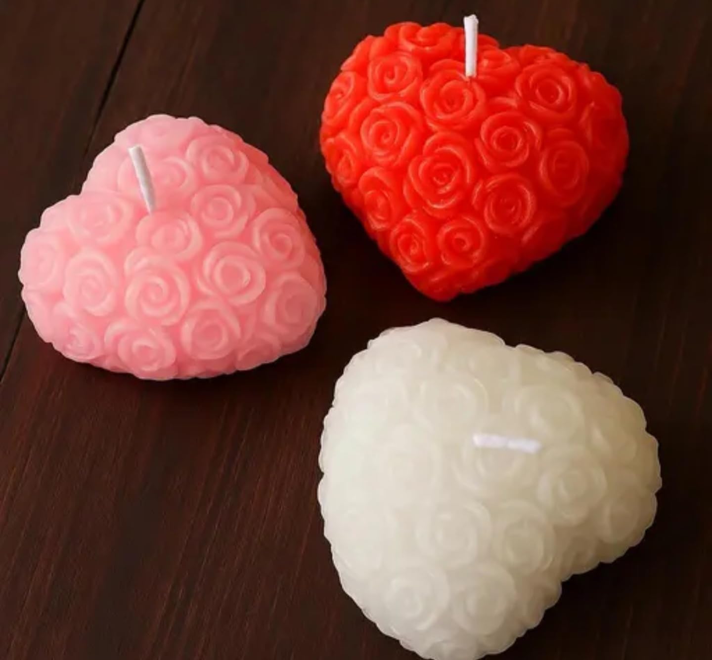 Decorative Heart-Shaped Rose Candles, Set of 3, Pink, Red and White