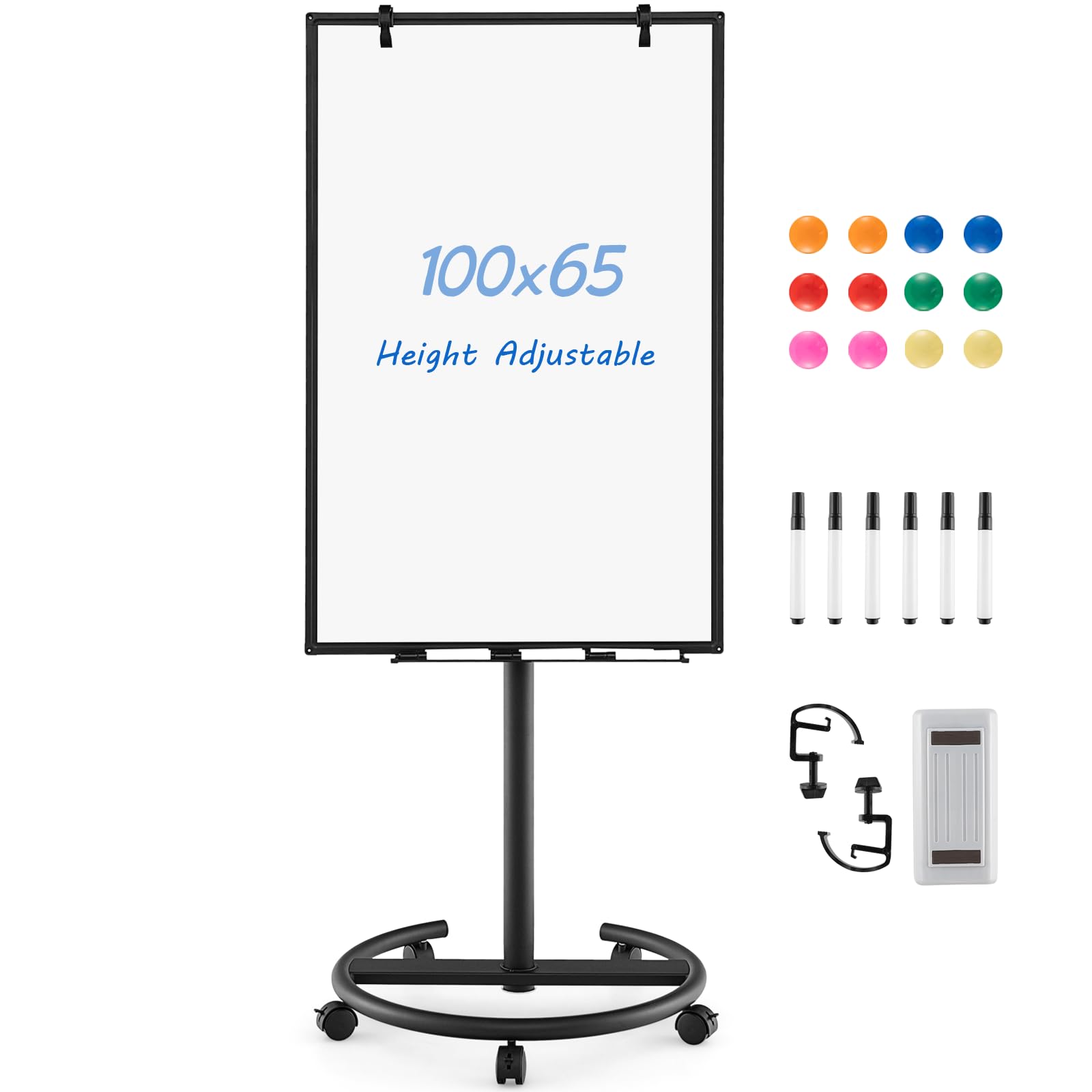 CASART Flip Chart White Board, Height Adjustable Dry Erase Board with Stand, Eraser, Magnets & Paper Clips, 100 x 65 CM Mobile Magnetic Whiteboard for Home Office Classroom (Black)