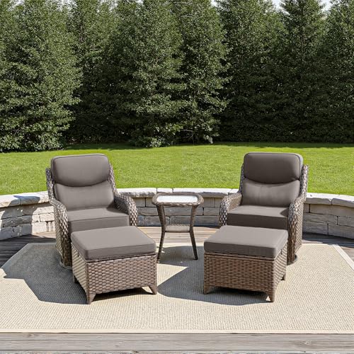 Luxury Outdoor Furniture Set with Swivel Chairs, High Back Swivel Patio Chairs with Ottoman, Side Table & 6-Inch Thick Cushions, Wicker Patio Furniture Set for Porch, Yard, Deck, Poolside, Brown/Grey