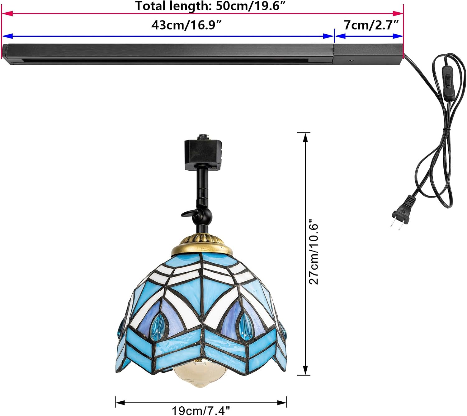 1x Plug in Cable Track Rail, 2X Adjustable Angle Blue Glass Shade Handmade Pastoral Style Tiffany H-Type Track Lighting Fixture with Dimmable Bulbs for Gallery Loft