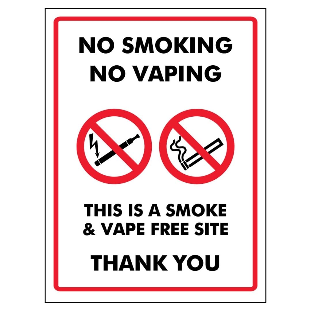V Safety No Smoking No Vaping This Is a Smoke & Vape Free Site Thank You 200 x 300 mm - 2mm Super-Tough Rigid Plastic Safety Sign