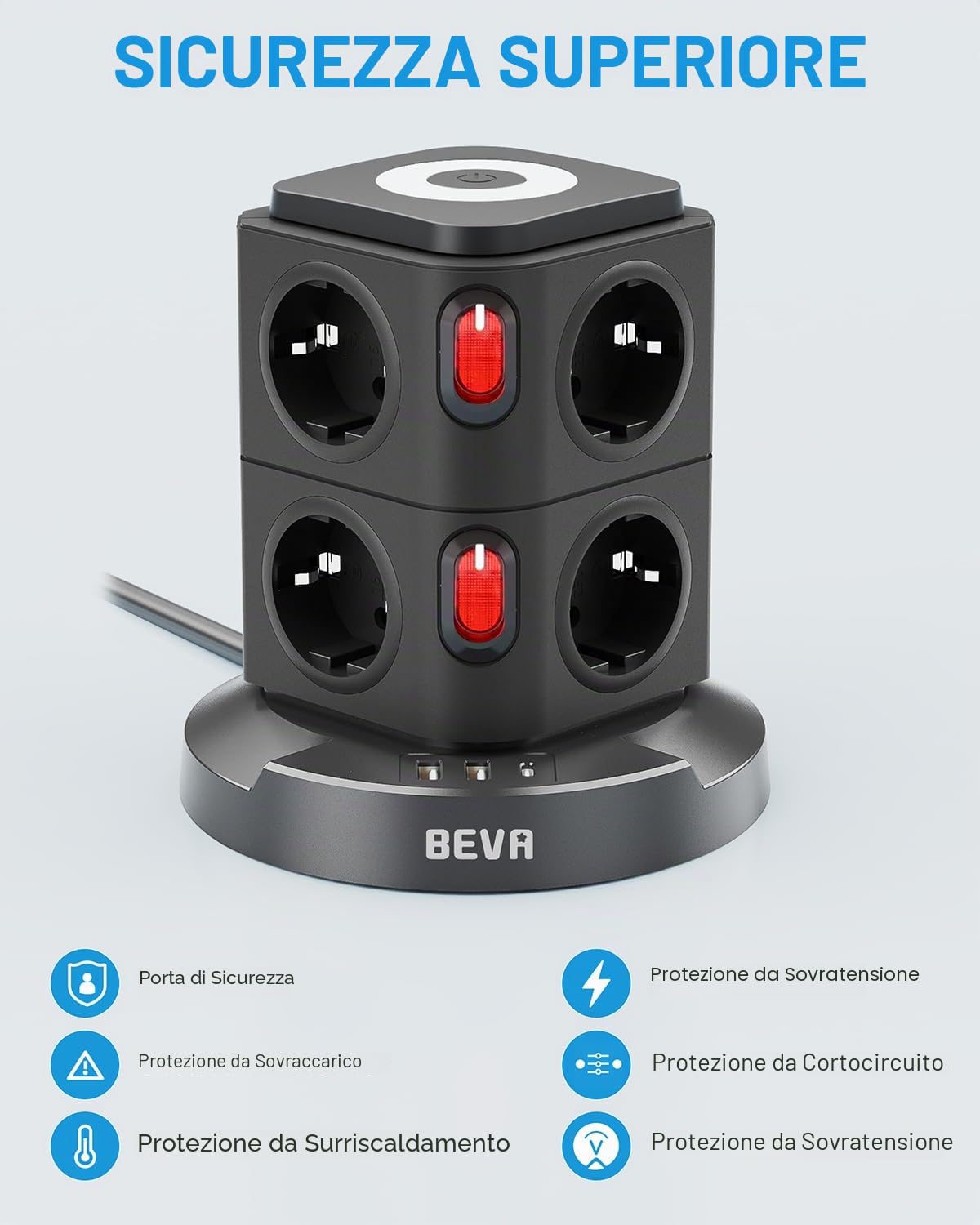 BEVA Multipresa Verticale, Ciabatta Multipresacon 3 Porte di Carica USB e 8 Prese EU Multipresa Elettrica con Luce Notturna e Protezione da Sovraccarico, 2500W/10A 2M Cavo