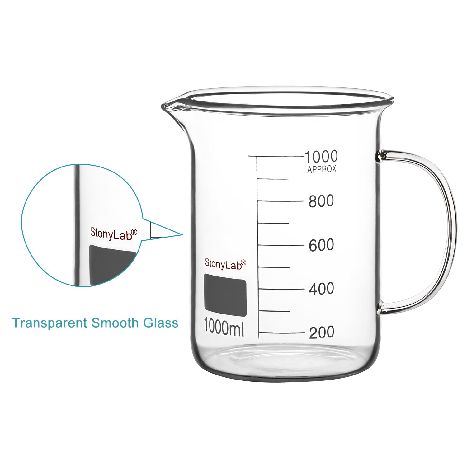 stonylab Bicchiere in Vetro con Manico, Bicchiere Graduato in Vetro Borosilicato Griffin a Forma Bassa con Manico e Beccuccio per Versare, 1000 ml