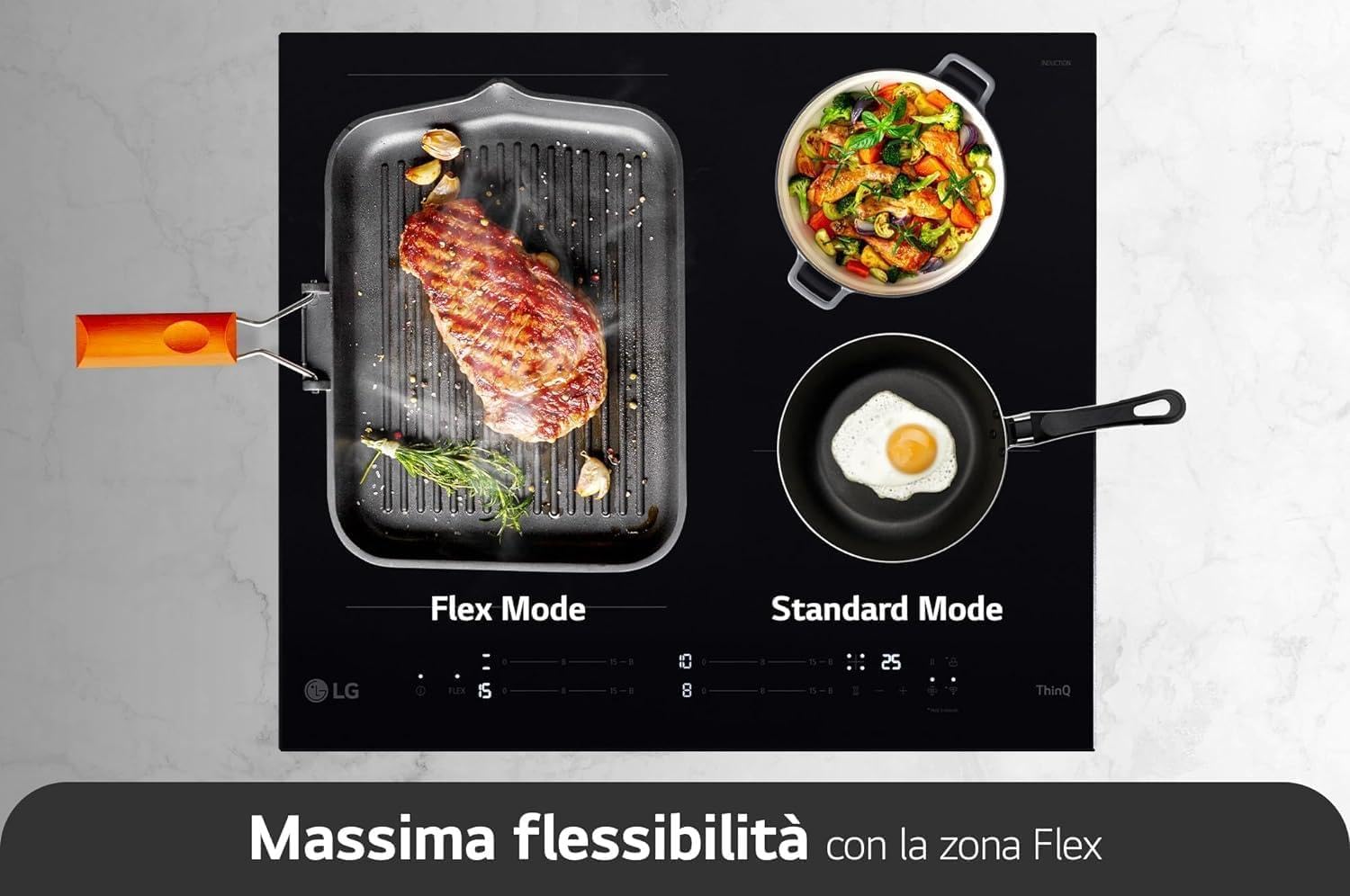 LG Płyta indukcyjna CBIZ2435B 60 cm, moc od 2,5 do 7,4 kW, 4 strefy całkowite, 1 strefa Flex, 15 poziomów mocy + doładowania, niezależne sterowanie dotykowe, Wi-Fi, szkło ceramiczne SCHOTT, kolor