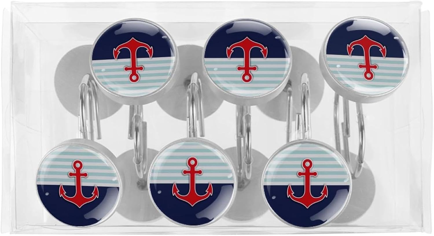 Navy Blue Red Anchor 12 Pack Shower Curtain Hooks Decorative Shower Curtain Hook and Ring Set ABS Resin Anti-Rust Bathroom Curtain Rings image 5