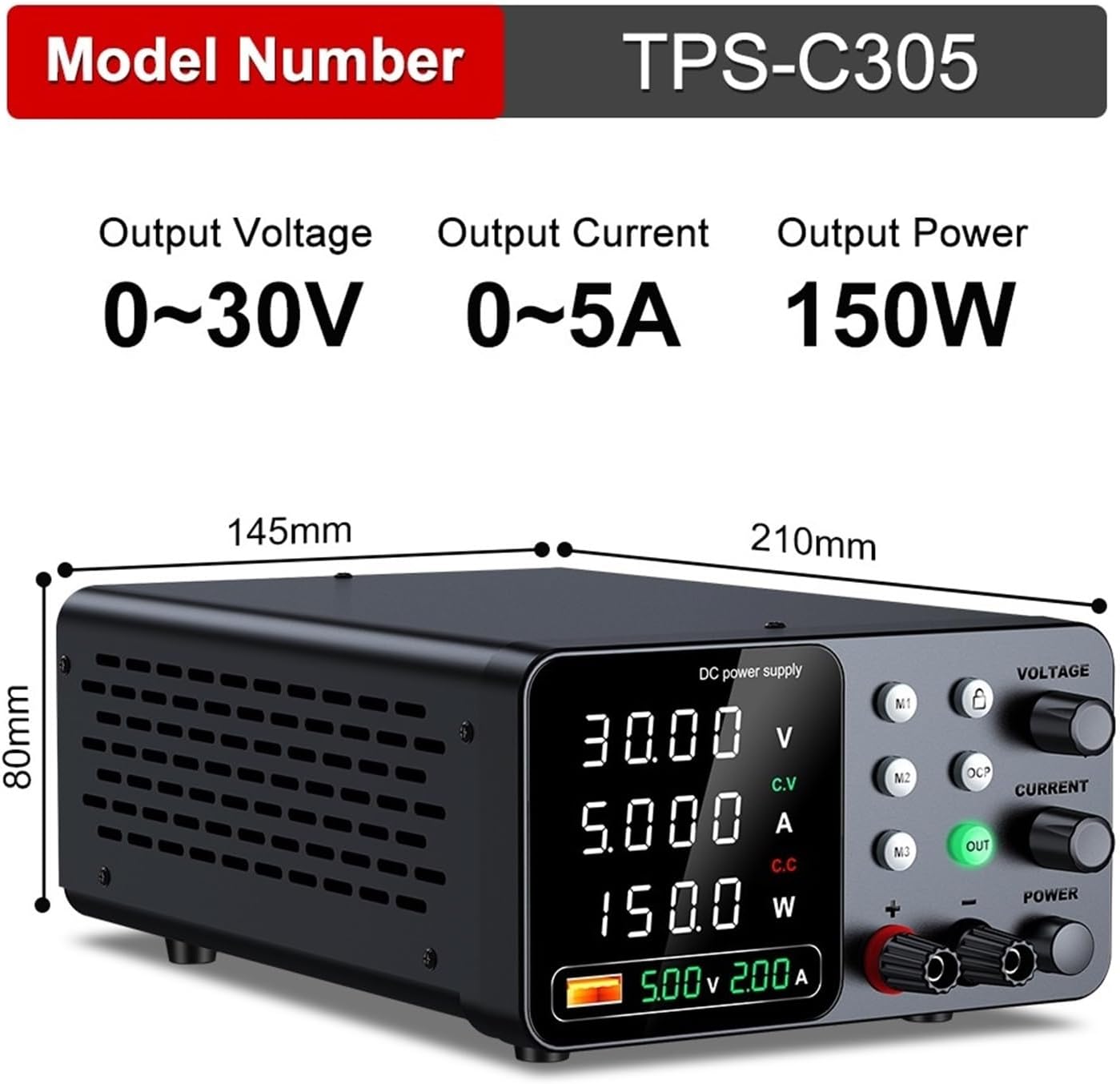 30V 10A Power Supply with Triple Storage 5V 2A USB-A Interface Fast Charging(Black 30V 5A)