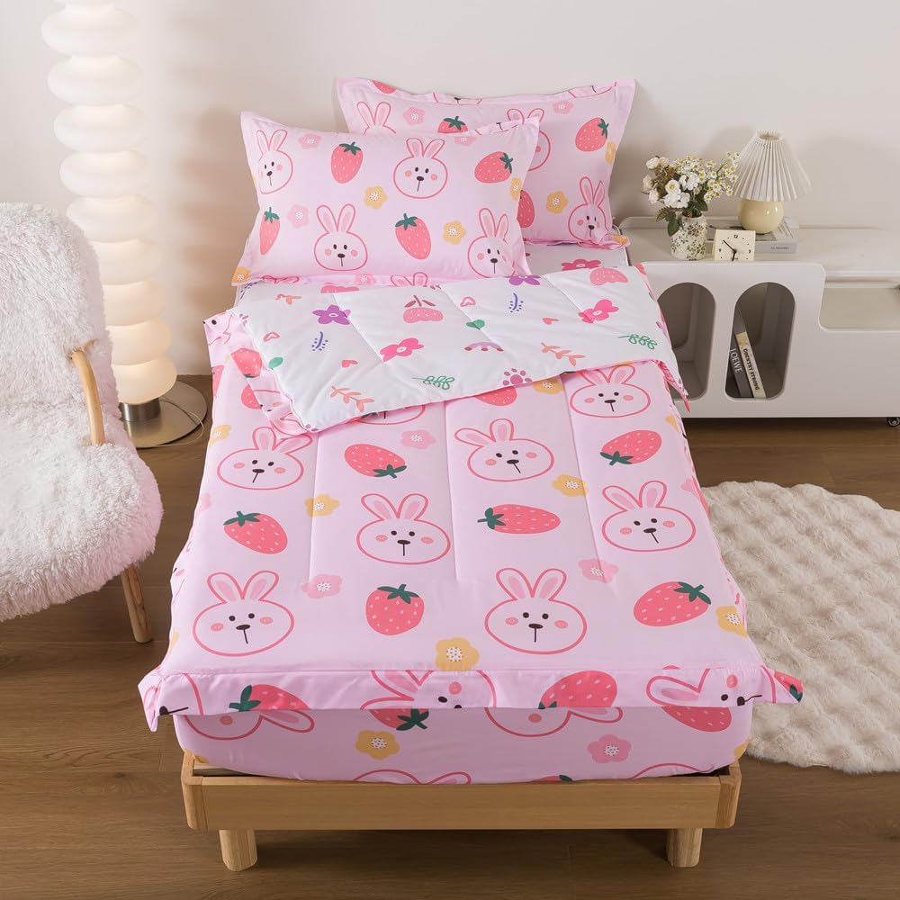 qjmiaofang Kids Zipper Bedding Twin Rabbit Comforter Set for Girls Zip Up Bedding with Sheets Strawberry All in One Zipper Bed Set Soft Microfiber Pink Bunny Bed Set with Floral Fitted Sheet Decor