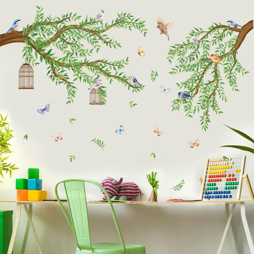 Green Tree Branch Wall Decals Hanging Vine Tree Wall Stickers Green Leaves Birds Wallpaper DIY Vinyl Peel and Stick Wall Art Decals for Bedroom Living Room