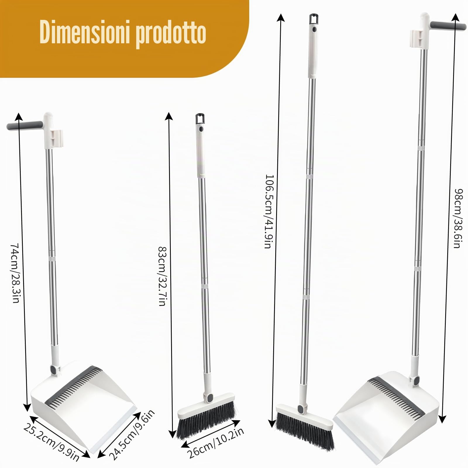Set paletta-scopa lungo manico versatile spazzatura antivento girevole (bianco)