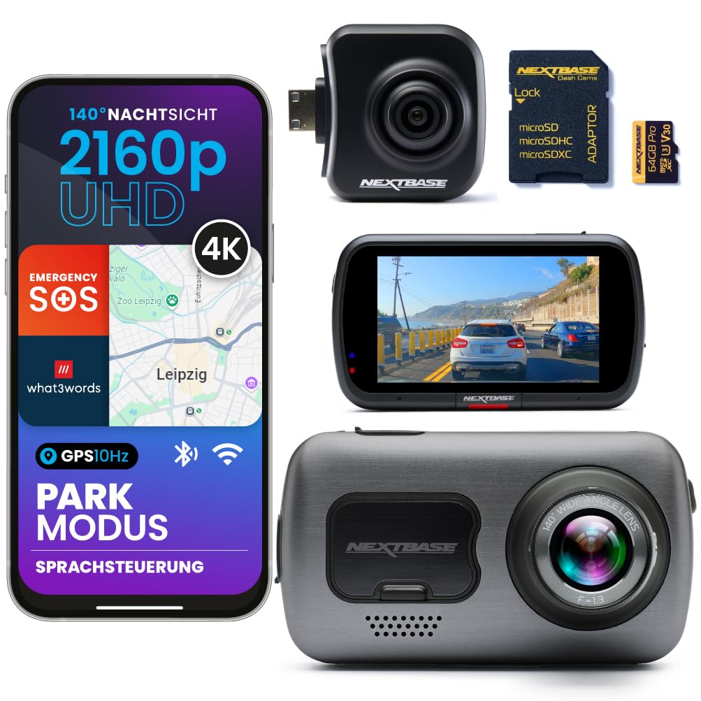 Nextbase Caméra embarquée 622GW + caméra arrière avec zoom et carte SD 64 Go | 4K UHD | Stabilisation d'image What3Words, GPS & SOS d'urgence | Mode stationnement