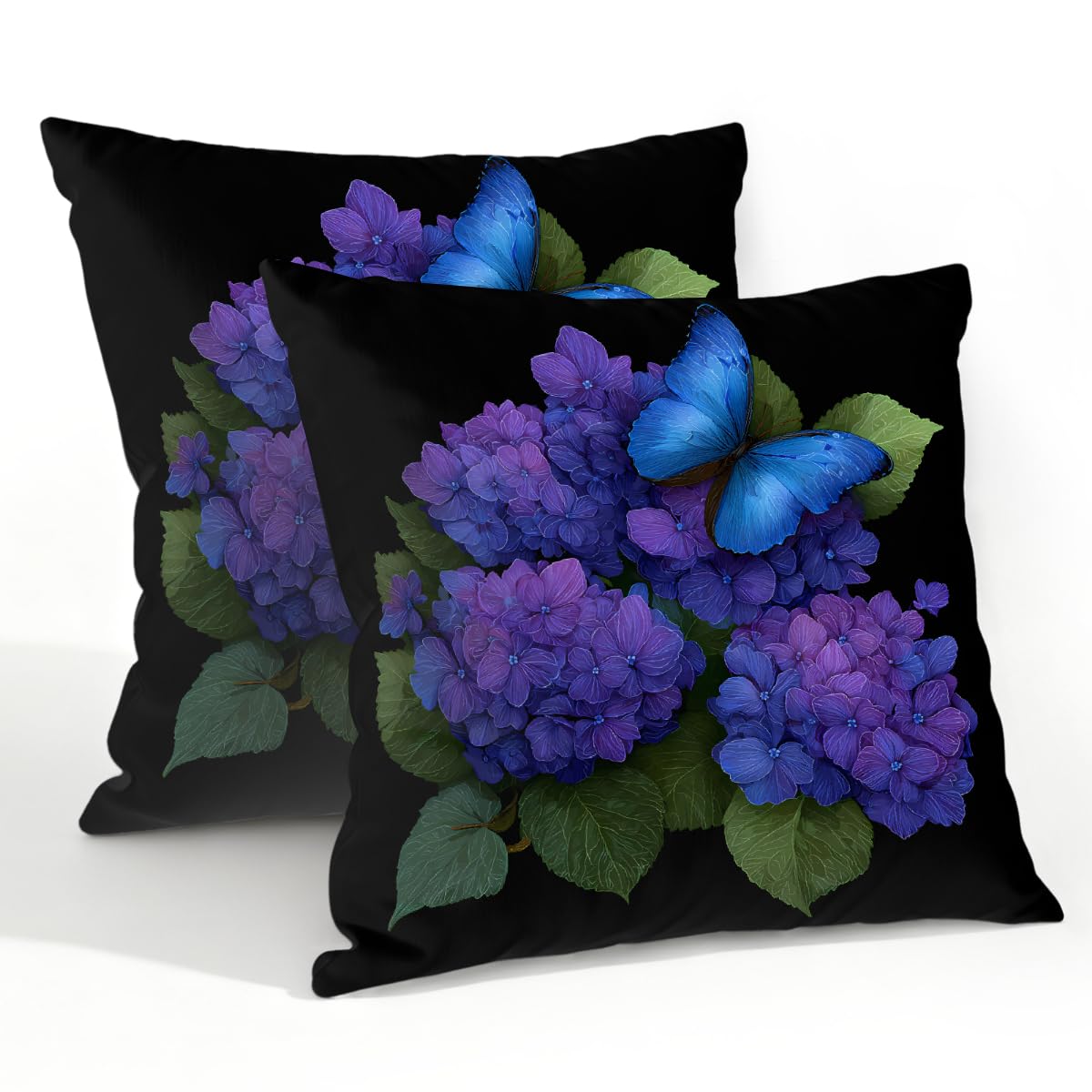 Outdoor Pillow Covers Waterproof Pillowcases 22x22in Set of 2 Blue Butterfly Purple Hydrangea Flower Decorative Throw Cushion Case for Couch Sofa Garden Patio Furniture