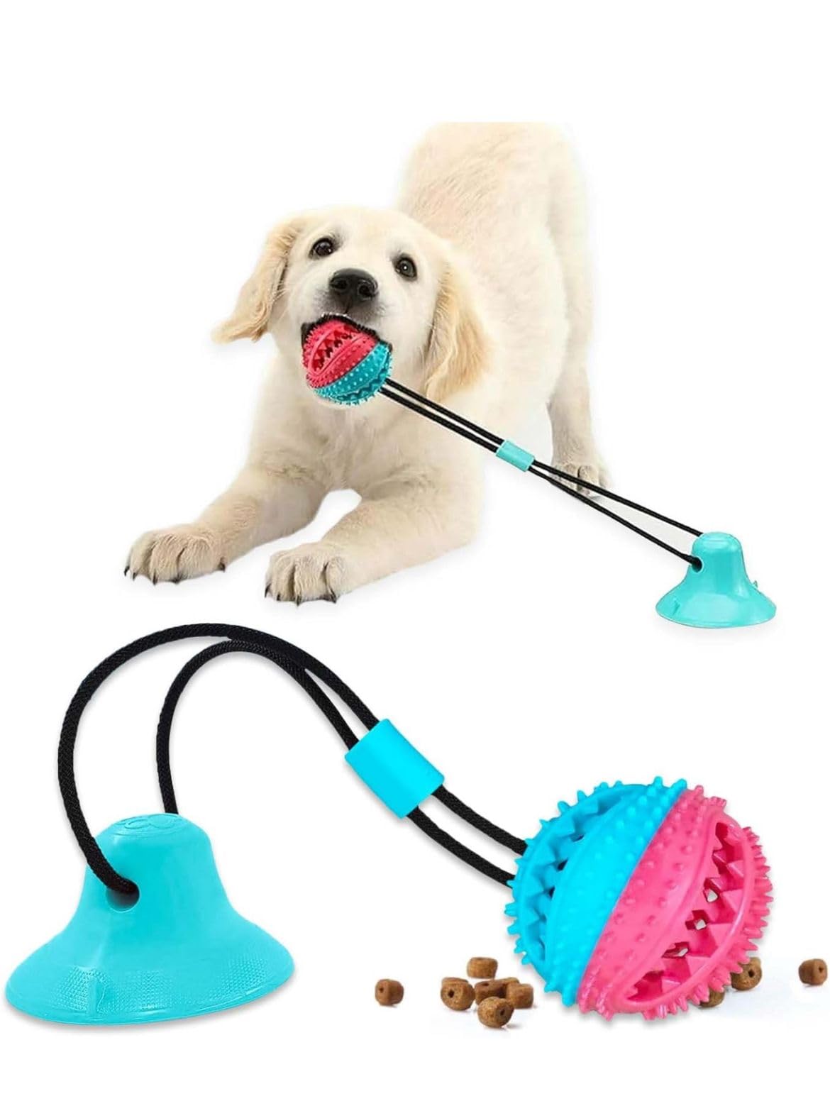 SiRaa Interactive Dog Toys – Suction Cup Dog Chew Toy for Aggressive Chewers – Treat Dispensing Squeaky Dog Toy for Stimulation and Self-Playing – Tug of War Rope with Teeth Cleaning Ball