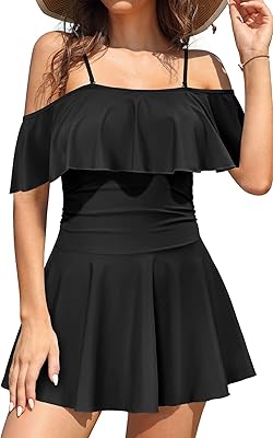 SHEKINI Women's Off-Shoulder Ruffled Flounce Swim Skirt Ruched One Piece Swimdress