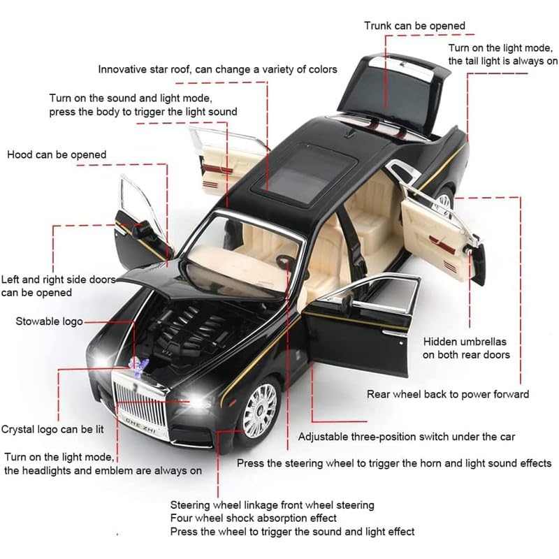 Image of Kids Model 1:24 Rolls-Royce Phantom Die Cast Metal Car Pull Back Action Opening Doors with Realistic Engine Sound Lights Toy Car Gift for Boys -Black