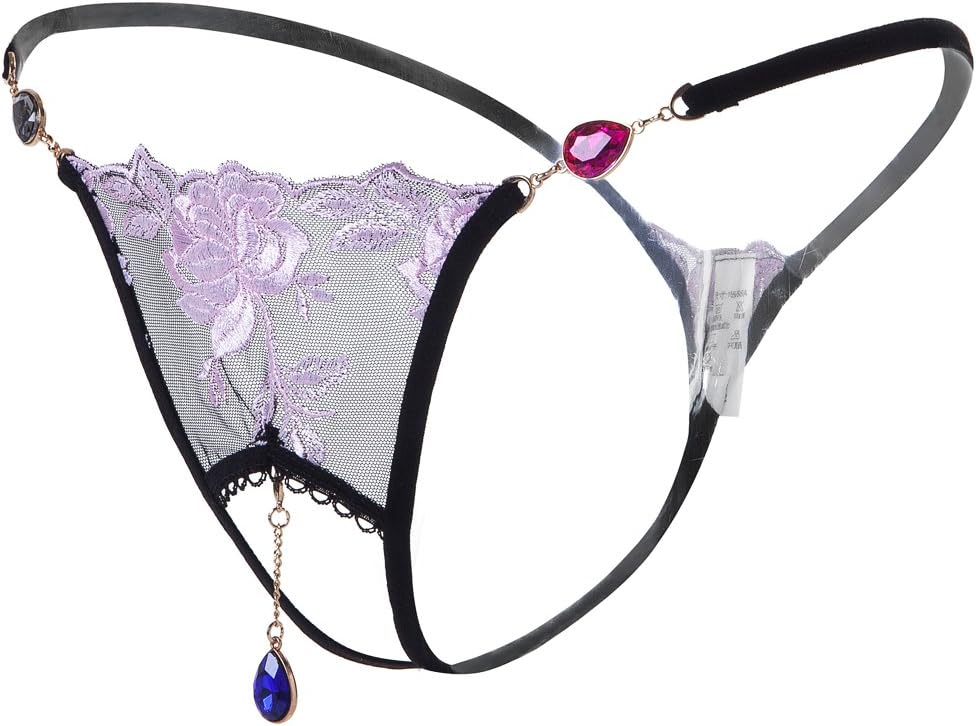 Open Crotch G String Panties for Women Sheer Lace Thong Embroidery Intimates Rhinestone Pendants Brief Sexy Underwear