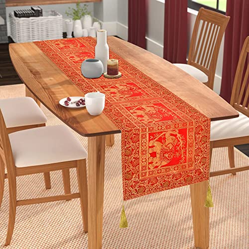 Image of E-EZRA Decorative Dining Table Runner Silk Runners Ends Tassels on Both Sides Banarasi Brocade Silk Tablecloth Decorative 6 Seater Runner Long Size 16x60 Inch (Red)