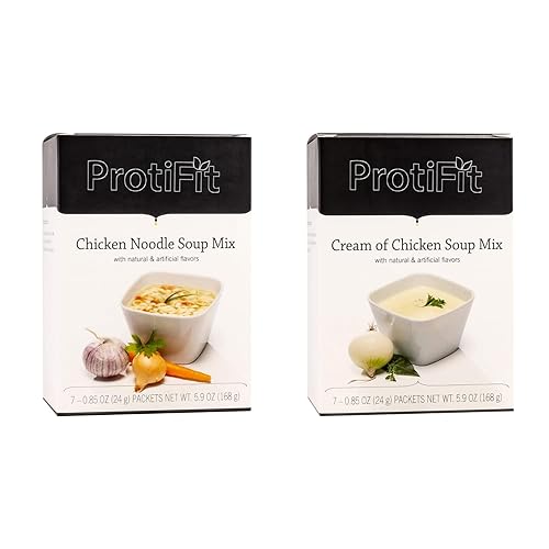 PROTIFIT - Mezclas de sopa seca de fideos de pollo y crema de pollo con alto contenido de proteínas, 0.55 onzas de proteína, alimentos aptos para