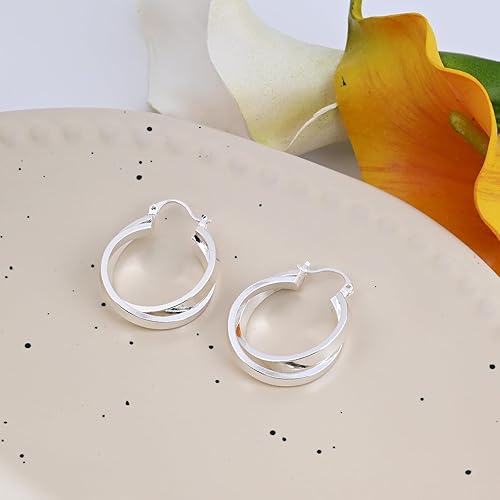 Miniatura 4 de Silver Double Hoop Earrings for Women Handmade Circle Huggie Hoop Earrings Simple Round Dangle Earrings for Gift