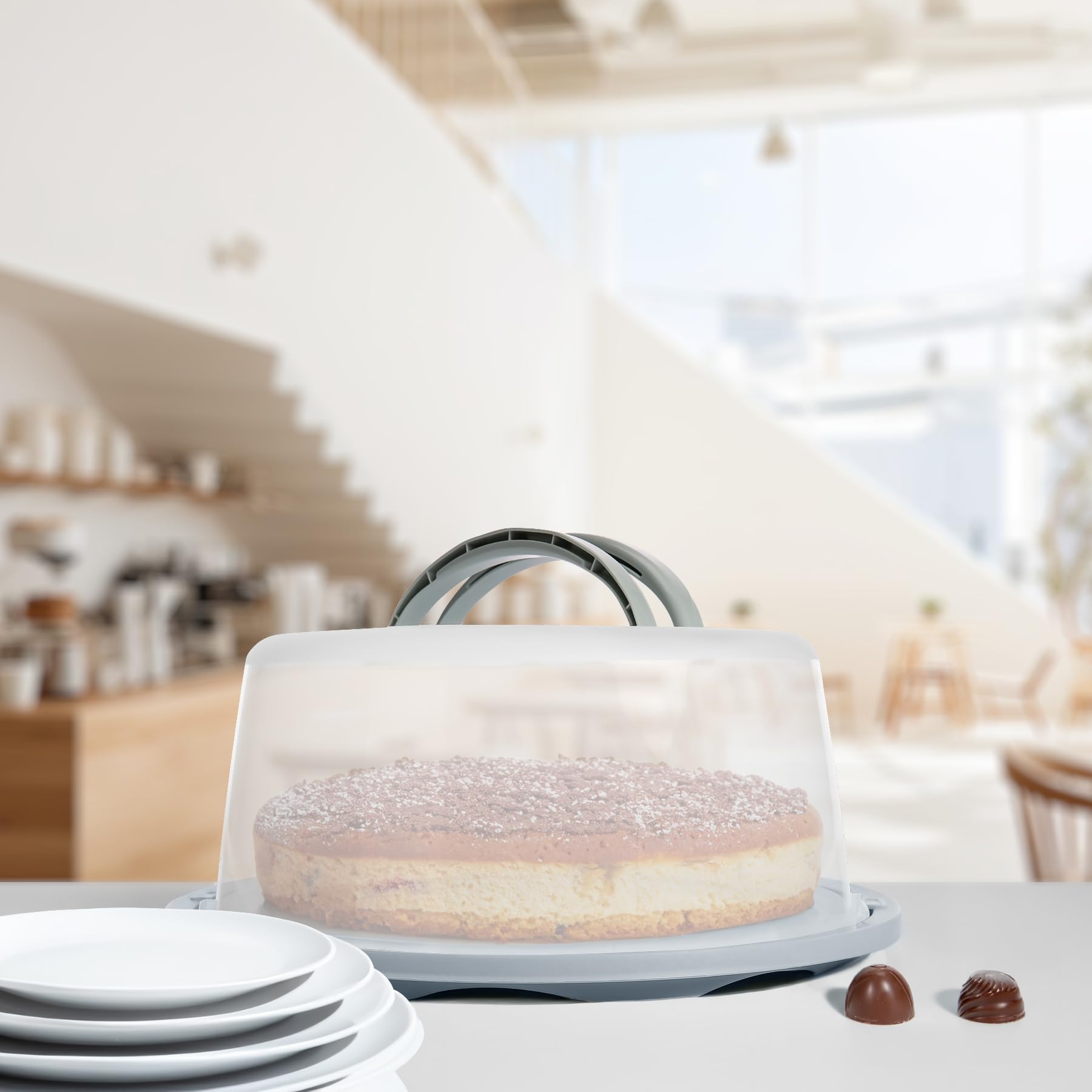 BigDean Kuchen Transportbox Rund in Pastell Grau Kuchencontainer | Mit Doppel Tragegriff für sicheren Transport von Torten, Kuchen & Muffins, Kuchenhaube mit Klickverschluss