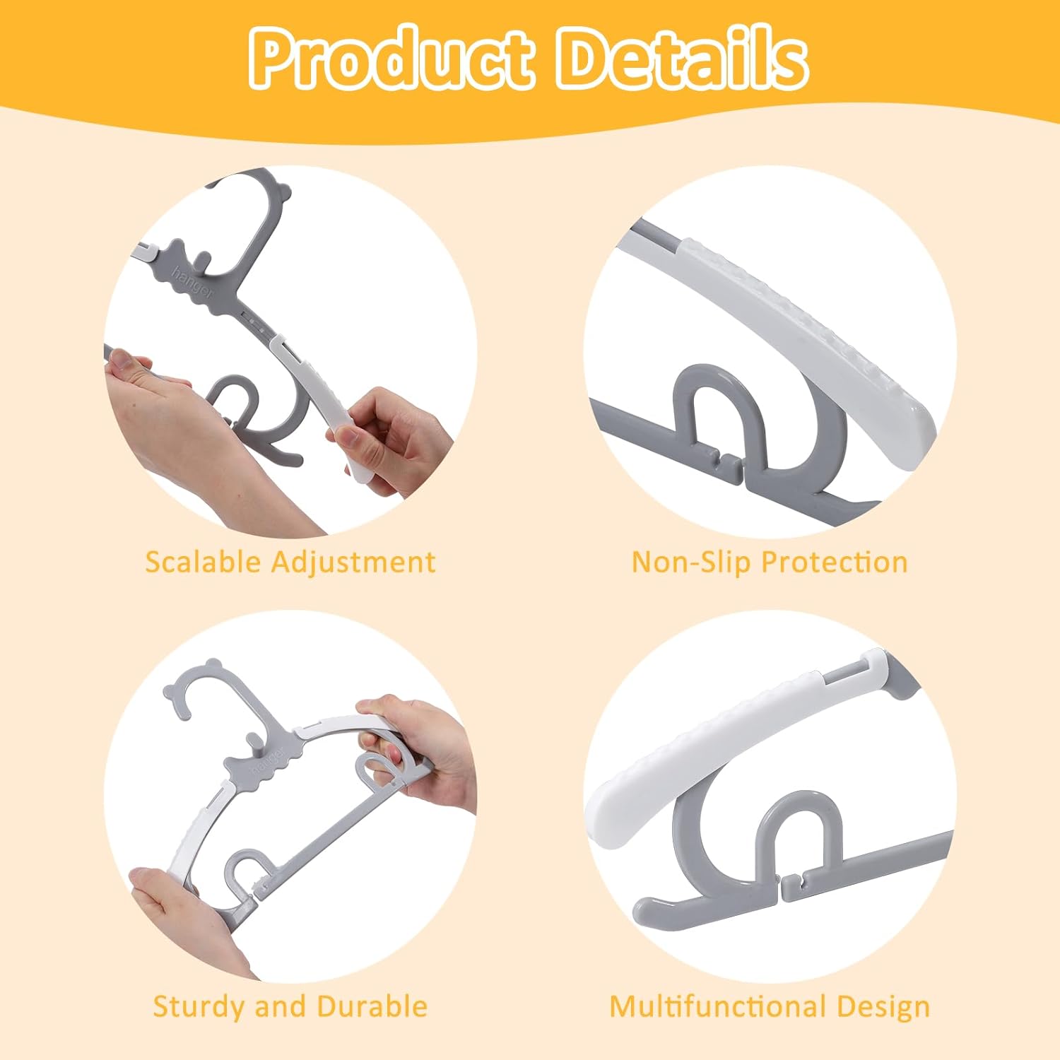 50 Pack Plastic Hangers with 16 Clips, 11-15 inch Adjustable Clothes Hanger, Durable & Non-Slip, Space Saving Coat Hangers for Pants, Jackets and Dress (Grey)