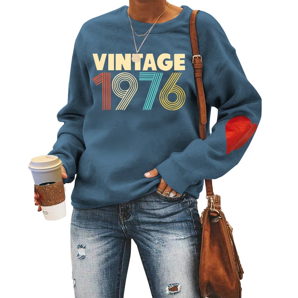 Mlzhan Women's Blue Vintage 1976 Sweatshirts 50Th Birthday Gift Tops Long Sleeve With Red Heart Born In 1976 Retro Sweatshirt (,Xl)