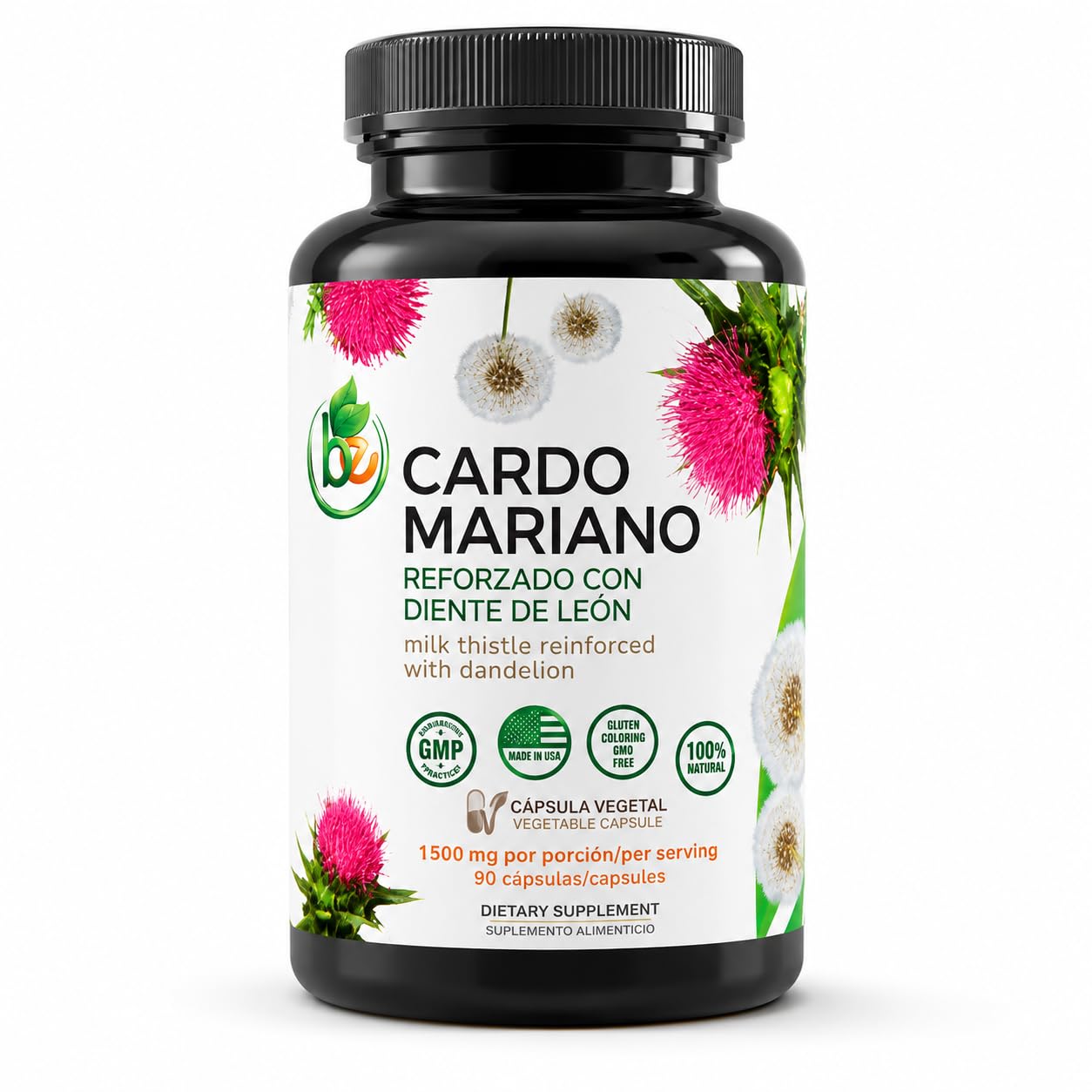 Cardo Mariano reforzado con diente Leon (Milk Thistle Reinforced w/Dandelion) 90 Vegetable Capsule 1500 mg per Serving, Root Liver Health Support, Antioxidant Support,100% Natural, Made by BexpertsUSA