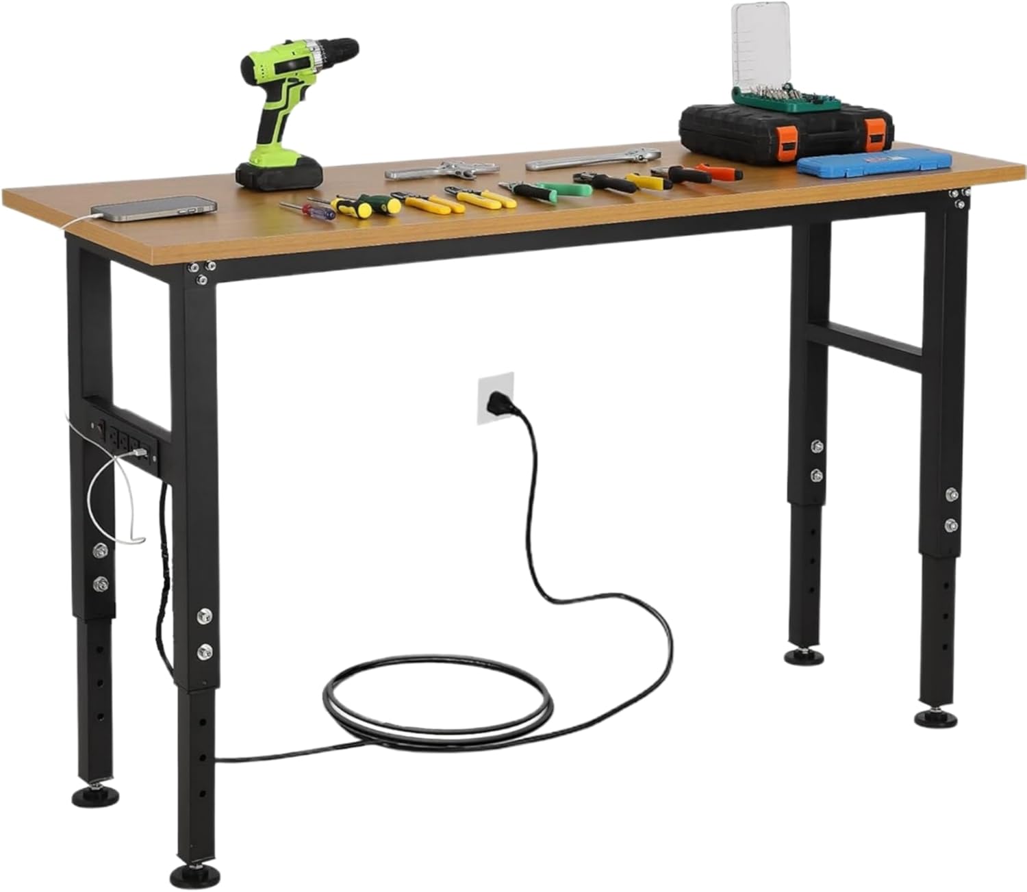 60” Adjustable Height Workbench with Power Outlet, 2500 Lbs Load Capacity, Heavy Duty Work Table with Foot Pads, Versatile Tool Bench for Garage, Workshop, Office, Home