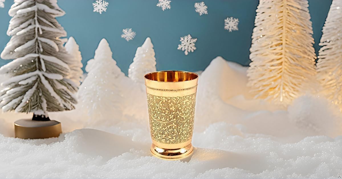 PARIJAT HANDICRAFT Embossed Designer Brass Mint Julep Cup Goblet Tumbler Capacity 12 Ounce Each