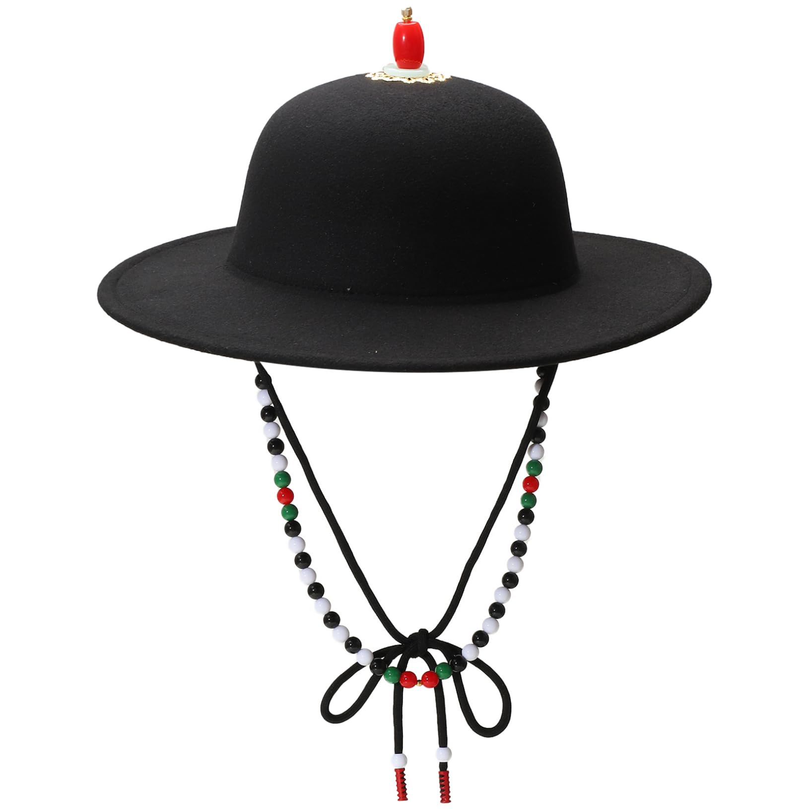 Freebily Ancient Chinese Hanfu Hat Ming Dynasty Dome Hat Plastic Beads Chin Straps Wide Brim Hat Halloween Cosplay Accessory