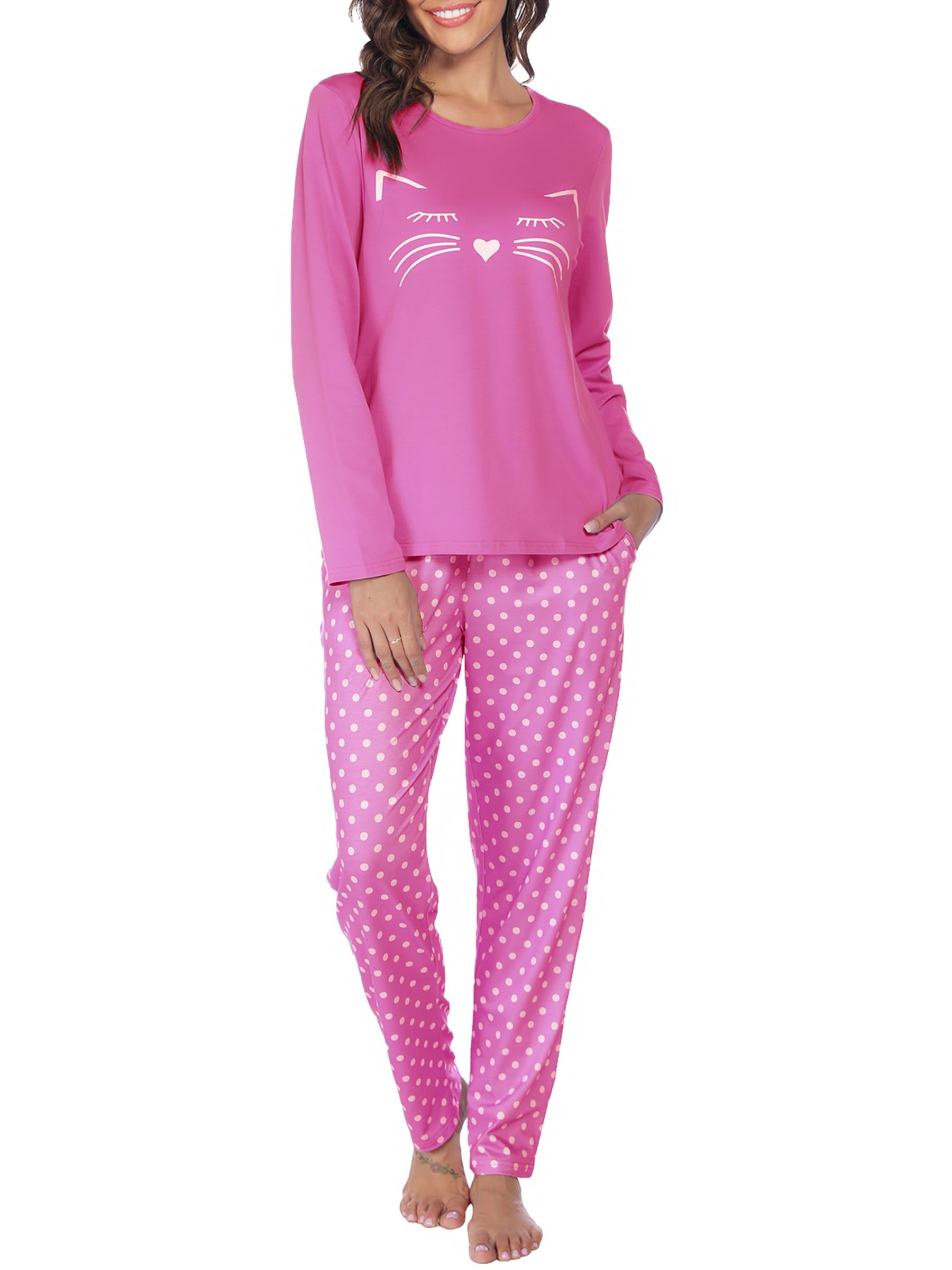 Pyjama Femme Coton Ensembles de Pyjama Femme Hiver Chaud Haut Col Rond Manches Longues et Bas de Pyjama à Carreaux Vêtements de Nuit 2 Pièces Confortable Détente