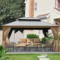 12'x16' Hardtop Gazebo, Outdoor Wooden Coated Aluminum Frame Hard Top Gazebo with Galvanized Steel Double Roof, Permanent Metal Roof Gazebo with Nettings, Curtains and Hooks for Deck, Patio