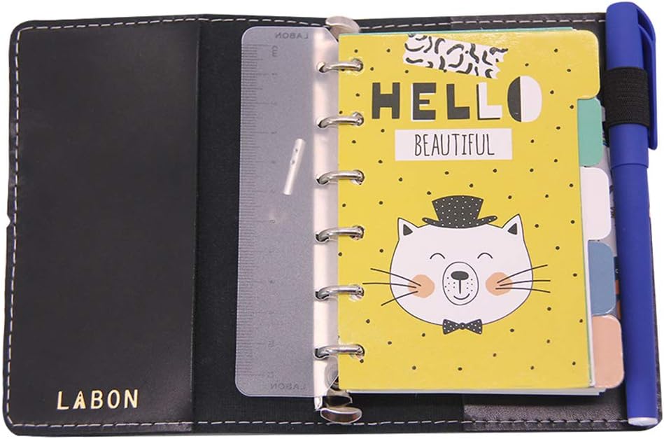 Labon's 6 Round Ring Binder Hardcover Personal Organizer Refills for Ruled Dotted Squared Blank Filler Paper/Loose Leaf Premium Thick Paper 200 Pages 5 Divider Tabs Inserts (A7, Black)