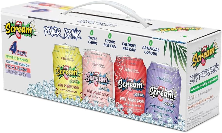 SCREAM YOUR WAY Power Energy Drink: Assorted Flavour,0 Sugar,0 Calorie,0 Carb,0 Artificial Color Energy Drink With Bcaa,Natural Caffeine,Sustained Energy-Pack Of 4,250Ml Cans