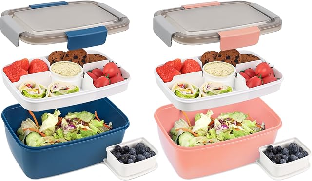 Bugucat Bento Box 2000ML 2 Set, Lunch Box Lunch Container to Go with 4 Compartment Tray, Salad Bowl with Dressing Container, Meal Prep to Go Containers for Food Fruit Snack, Built-in Reusable Spoon