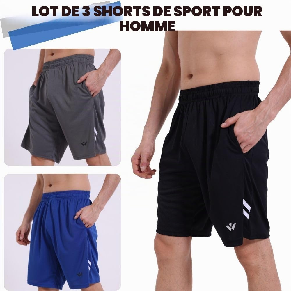 Lot de 3 shorts de course à pied avec deux poches à séchage rapide pour jogging, entraînement, entraînement