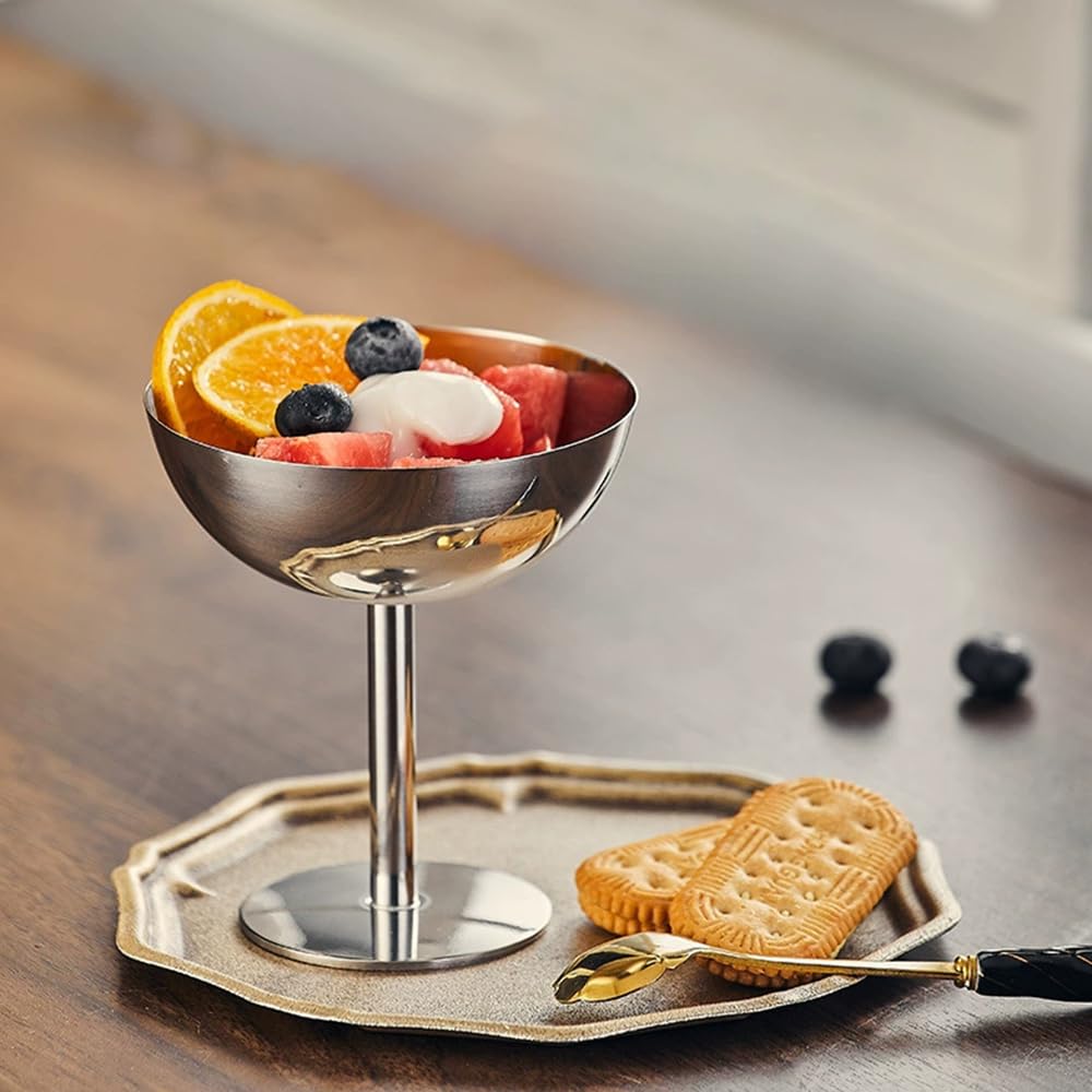 4 Pezzi Coppe Gelato, Ø 10cm 200ml Tazza per Gelato in Acciaio Inossidabile Vintage Ciotola per Gelato Rotondo da Dessert con Piede, Bicchieri da Gelato Yogurt Snack Tazze Caramelle Ciotele (Tall)