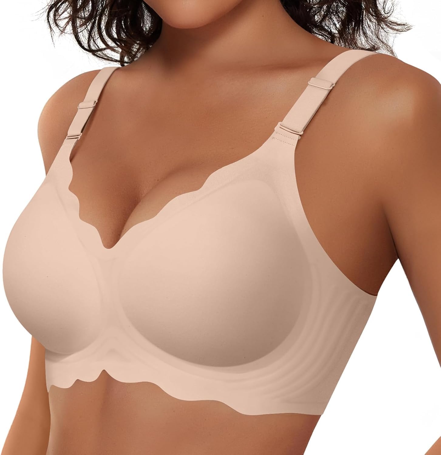 TUNANAN BH Damen ohne bügel, Soft Seamless BH Comfort Push Up Bügelloser Bra, V-Ausschnitt, Gewellte, Nahtloser Tshirt Schlaf BHS, Klassische Sport Bustier Unterwäsche Mit Weicher Stütze, Beige S