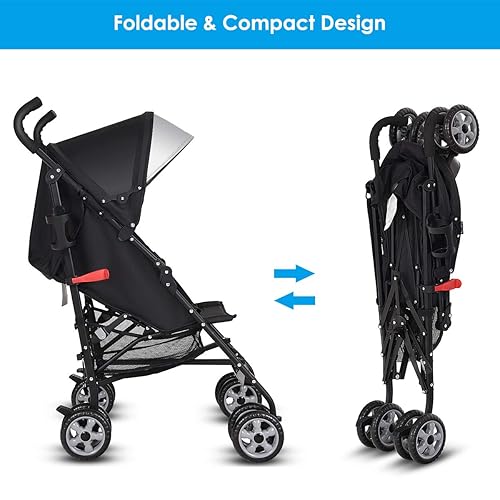 Vista 11 de HONEY JOY Cochecito ligero para bebé, cochecito de viaje compacto para avión, respaldo y toldo ajustables, arnés de 5 puntos, soporte para vasos