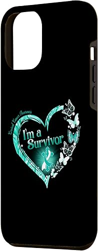 Miniatura 2 de Funda para iPhone 13 Pro Max con cinta verde azulado con diseño de mariposa y cáncer cervical I'm a Survivor