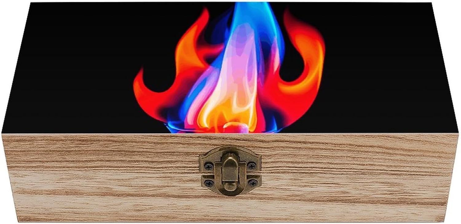 Red Flame And Blue Water Memory Jewelry Wooden Box, Large Wooden Treasure Chest Boxes with Hinged Lid, Photos Storage Case for Women Men, Wooden Keepsake Box, 7.9'' X 3.9'' X2.3''