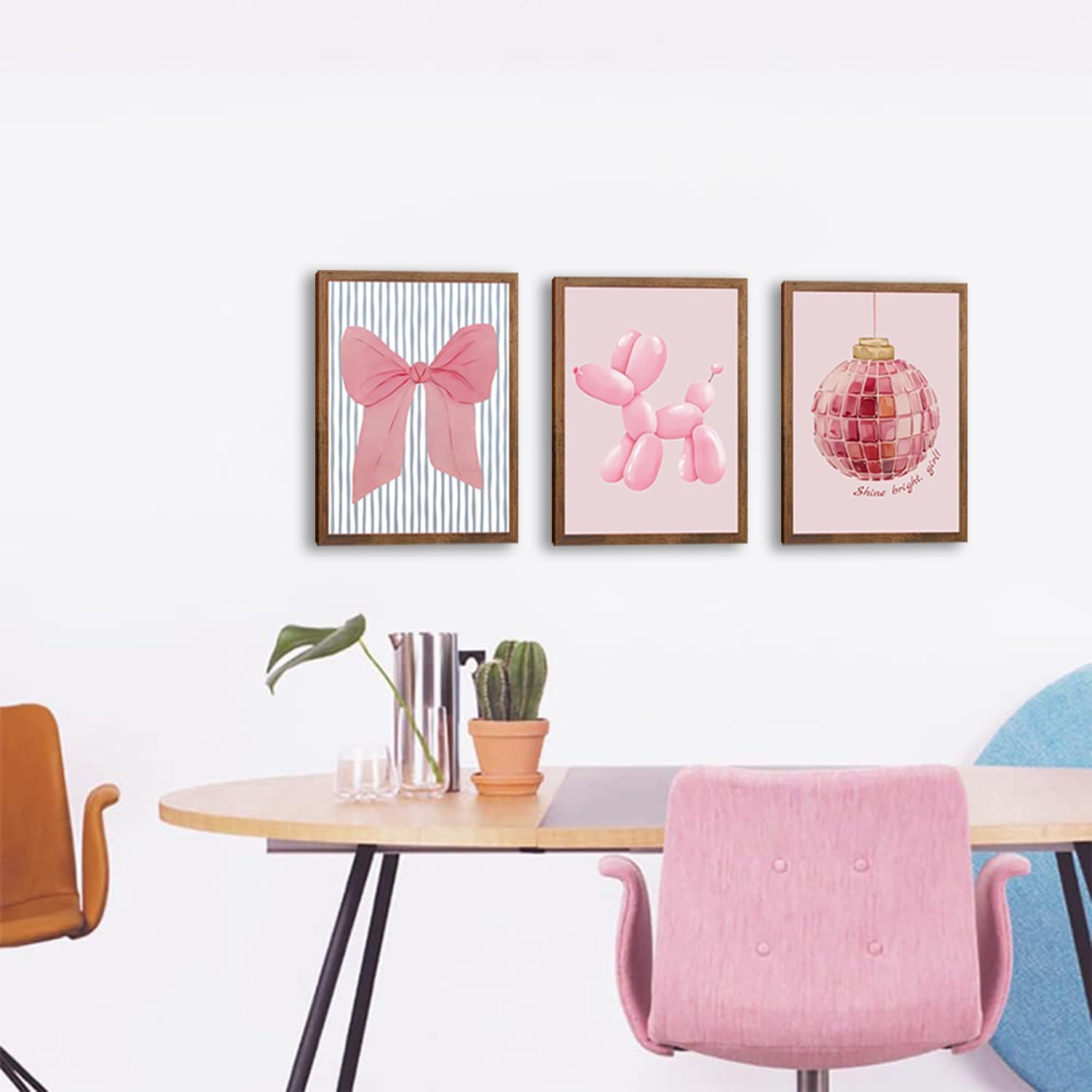Pink Disco Ball Posters Wall Art Set of 3, Trendy Bows Balloon Dog Canvas, Vintage Preppy Girly Room Decor for Girls Room College Dorm living room Bathroom Home Decor 24x16In Wood Framed