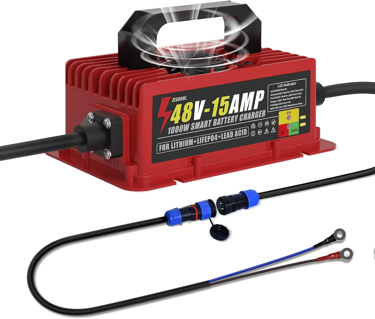 48V Battery Charger,1000W 15A Golf Cart/Forklift Charger for LiFePO4/Lithium/Lead Acid | IP67 Waterproof 16FT Cable | Fan Cooling & Aluminum Housing | Floor Scrubber, Lift,RV,Boat,Etc