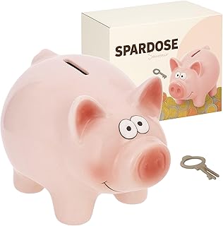 MIJOMA Spardose Schwein mit Schloss – niedliche Keramik Sparbüchse aus Dolomit, Hellrosa – mit Schlüssel, 16x11,5x11 cm – Geldgeschenkverpackung Sparschwein