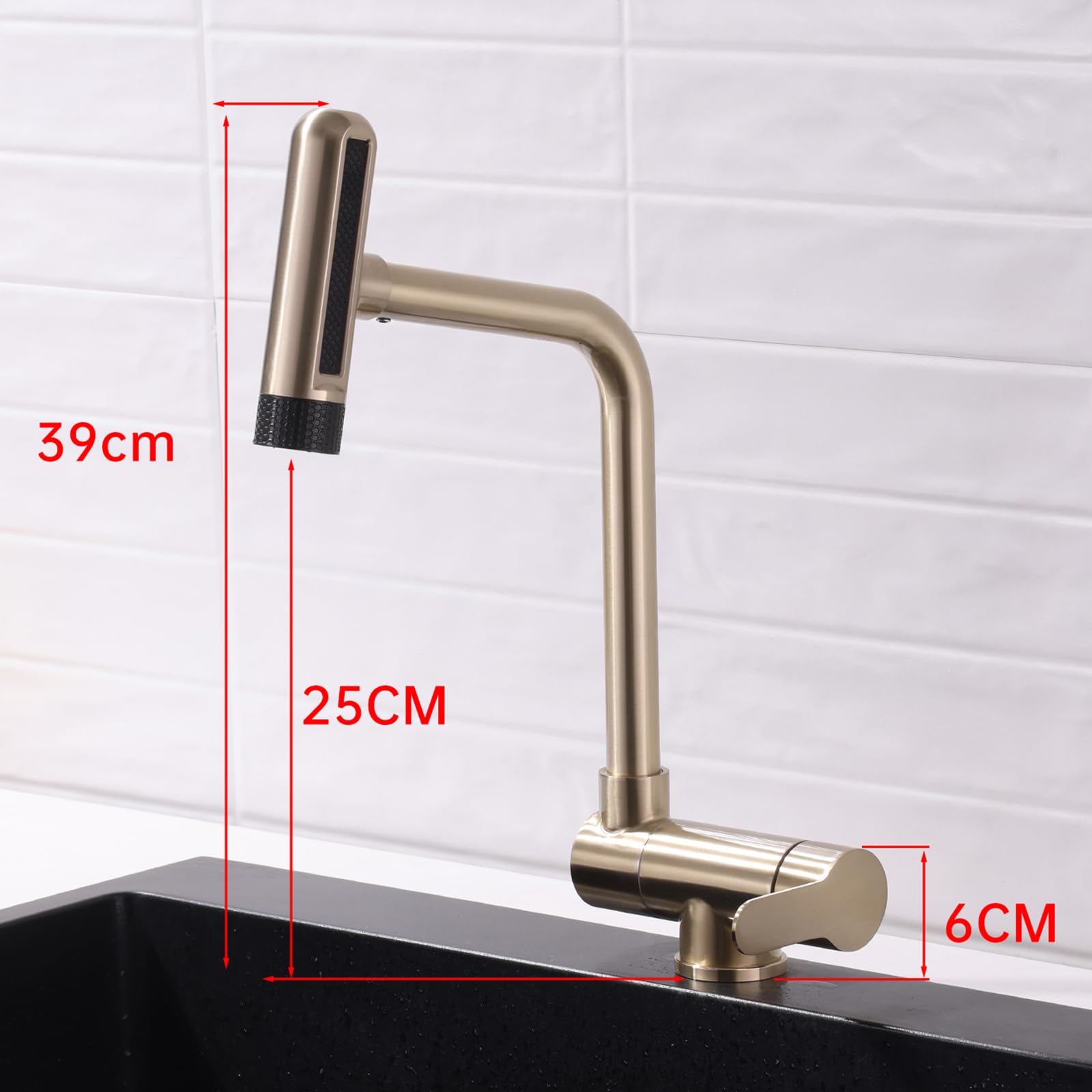 Küchenarmatur aus Edelstahl, klappbar, schwarz, Warm- und Kaltwasser, 6 Strahlarten, klappbar, für Fenstermontage