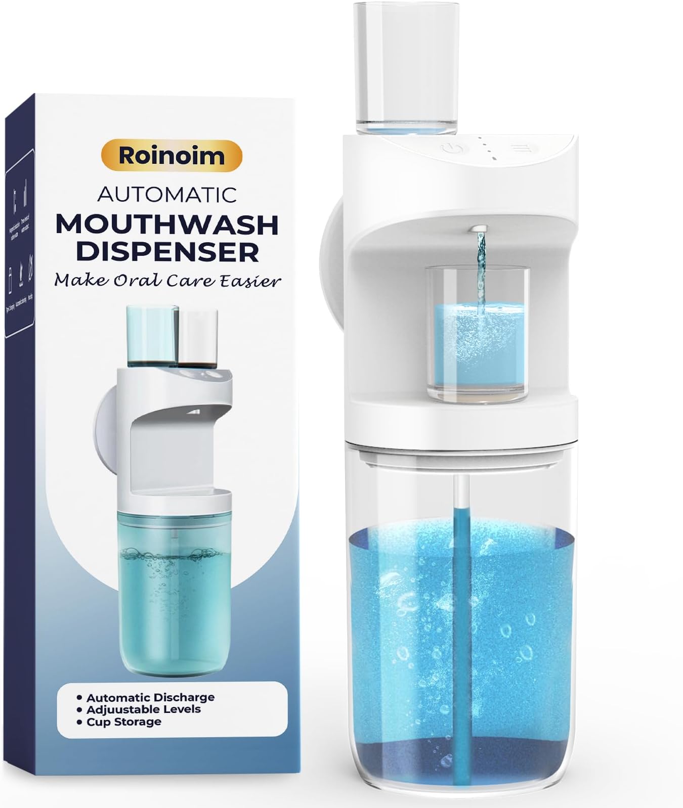 Automatic Mouthwash Dispenser, 550ml (19.35 Oz) Mouthwash Dispenser for Bathroom with Magnetic Cups, 3 Dispensing Levels, Long Standby Time White